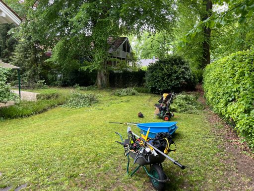 Gartenbereich mit Werkzeugen, Bäumen und einem nahegelegenen Haus im Hintergrund.