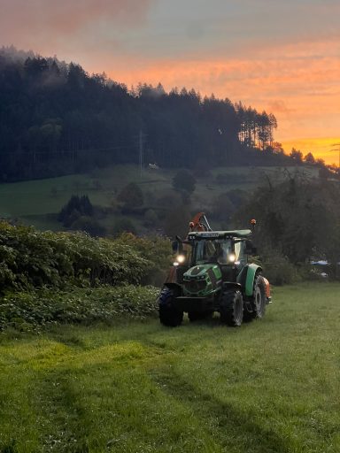 Traktor mäht Wiese bei Sonnenuntergang, mit Hügeln im Hintergrund.